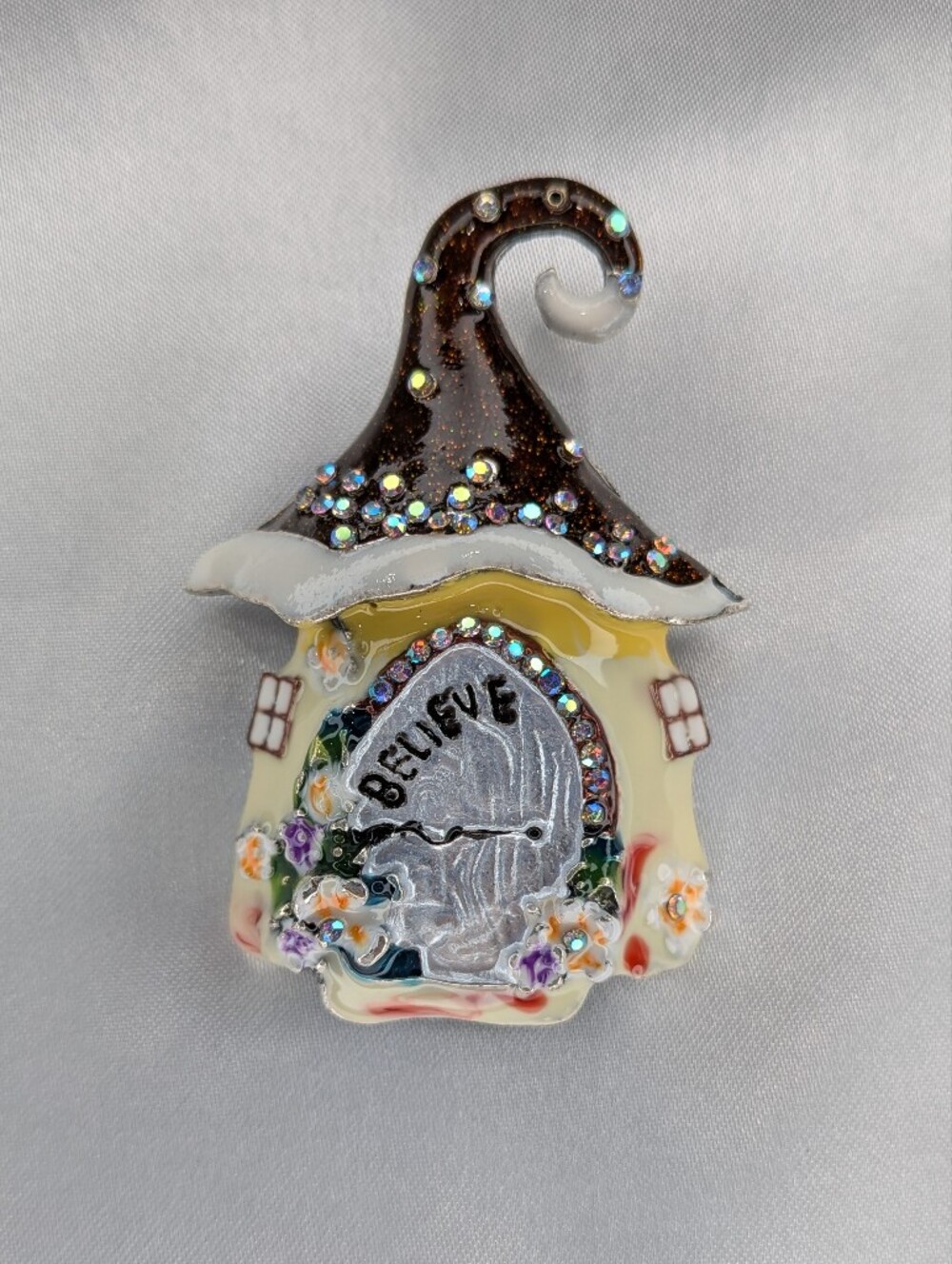 Enamel Fairy House Cottage Brooch Pin BELIEVE Clock Rhinestones Whimsical